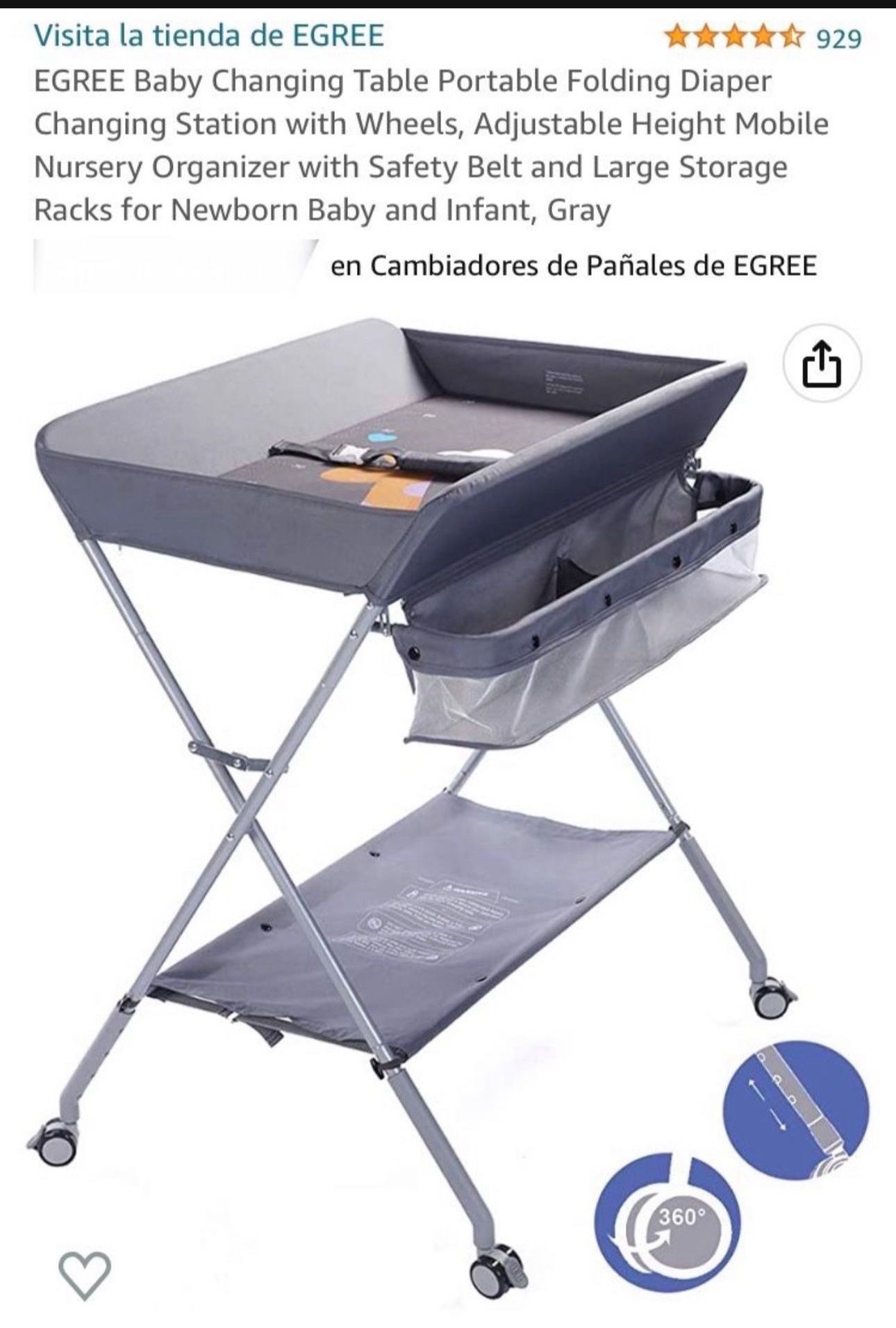 EGREE Baby Changing Table Portable Folding Diaper Changing Station with Wheels, Adjustable Height Mobile Nursery Organizer with Safety Belt and Large