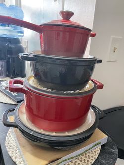 Red and Black Enameled Cast Iron Cookware Set
