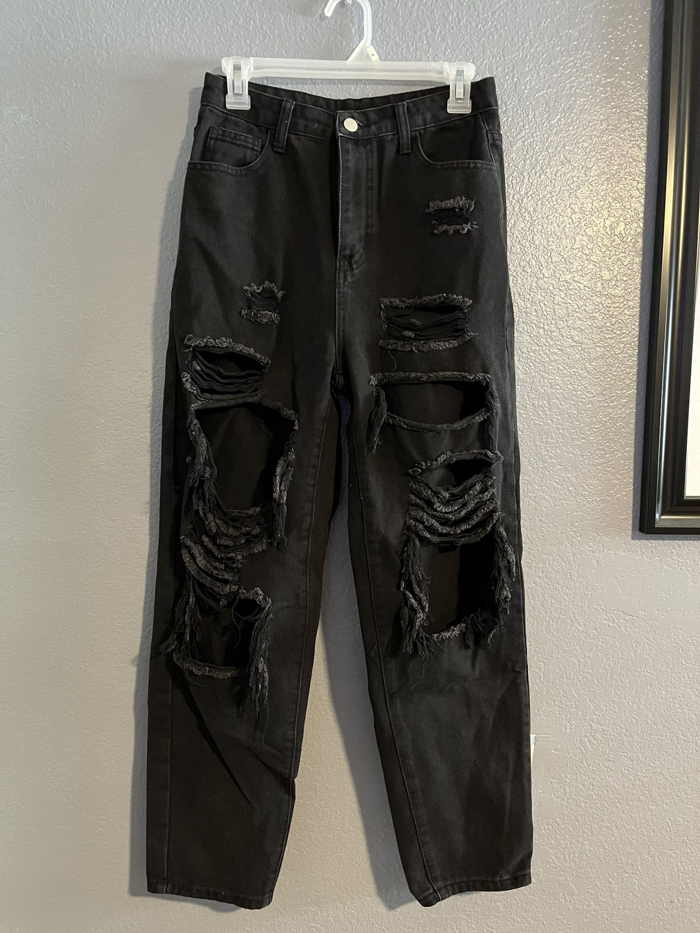 Straight Leg Black Ripped Jeans