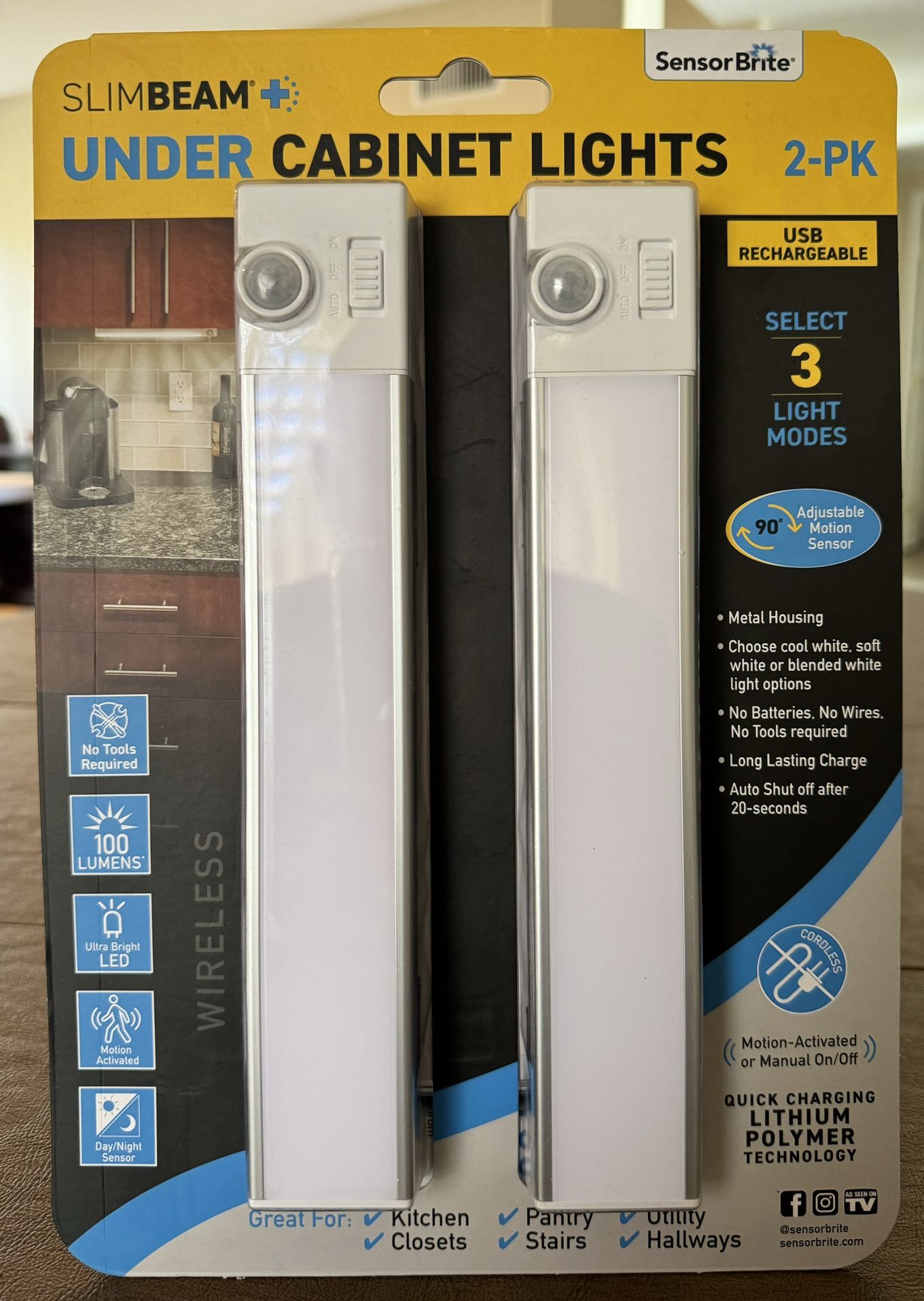 Slimbeam Lithium Cabinet Lights 2-PK USB Rechargeable 3 Light Modes.