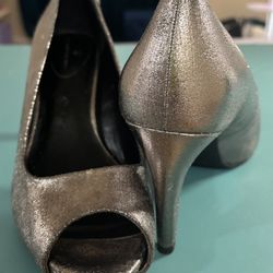 Shimmering Dark Silver Open Toe High Heels, Size 8