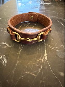 Brown Leather Horse Bit Cuff Bracelet Gold Equestrian Snap Closure