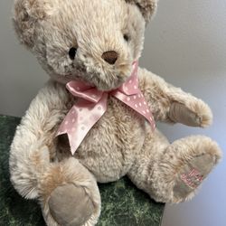 FAO Schwarz Beanbag Plushie Teddy Bear 10" Plush Brown Tan Pink Polka Dot Bow