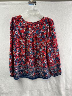 LOFT Red Floral Long Sleeve Peasant Blouse