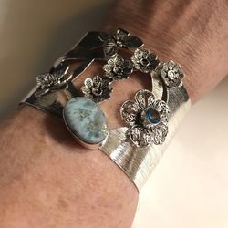 Larimar Blue Topaz 925 Sterling Silver Cuff Bracelet 