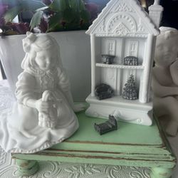 Porcelain Girl & Dollhouse W Pewter Pieces (8 Pcs)