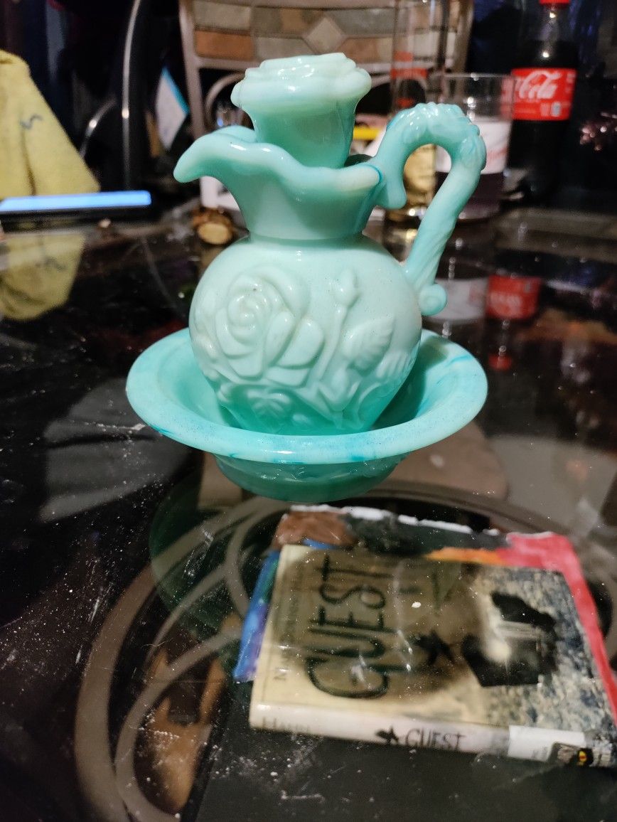Vintage Bluish Green Glass Avon Bath Oil Bottle And Bowl