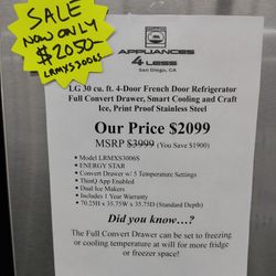 $2050 ( MSRP $3999) LG 4-door French Door Smart Cooling And Craft Ice Refrigerator 