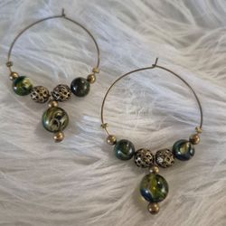 Bohemian Green & Gold Beaded Hoop Earrings - Artisan Style