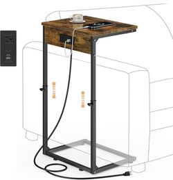 C Shaped End Table with Charging Station, Adjustable Height Side Table for Couch, Small Side Table, 33.2'' Tall Couch Tables that Slide Under, Tv Tray