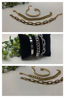 Punk Style 3pcs/Set Curb Cuban Chain bracelet, Gold and Silver Color (2 Sets)