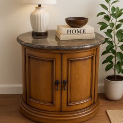 Marble-Top Round Accent Cabinet / End Table – Solid Wood