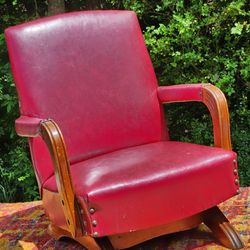 Vintage 1950's Wood & Naugahyde Child's Platform Armed Spring Cushion Rocking Chair