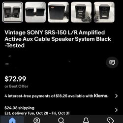 Vintage Sony SRS-150 L/R Amplified active auxiliary cable speaker system, black tested and approved