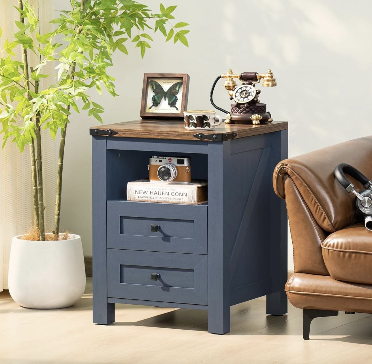 Brand New Blue Nightstand w/ Charging Station – Modern 2-Drawer Storage Table