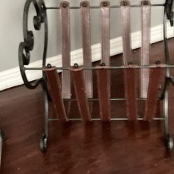 Contemporary Wrought Iron and Stitched Leather Magazine Rack