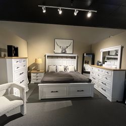 White King Bed, Dresser, Mirror And One Nightstand