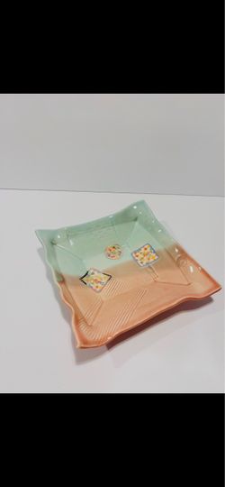 Vintage Handmade Art Ceramic Decorative Tray 6.5” .Handcrafted ceramic serving plate in mint green and peach. Features a glossy two-tone glaze and mod