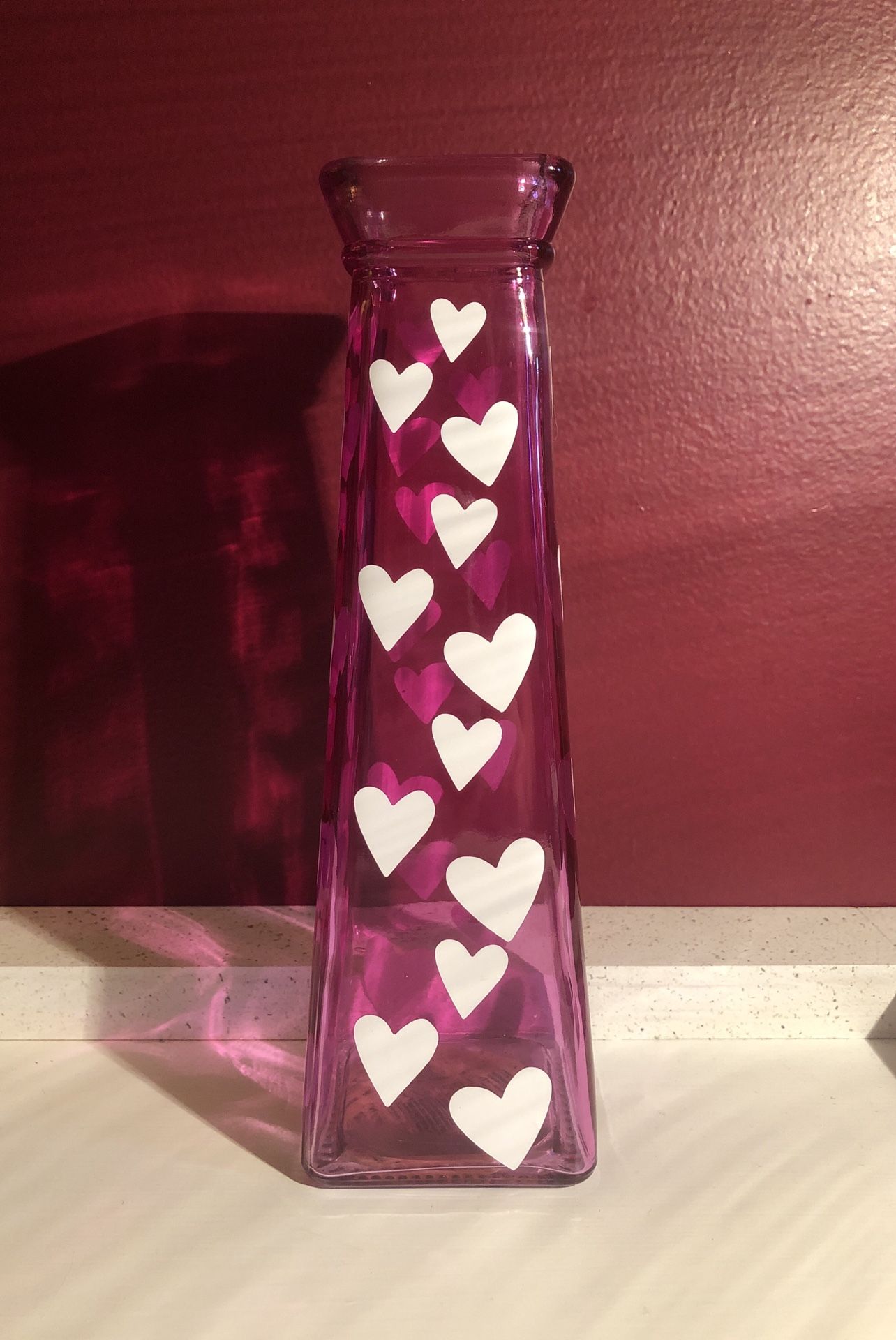 Pink Glass Flower Vase With White Hearts