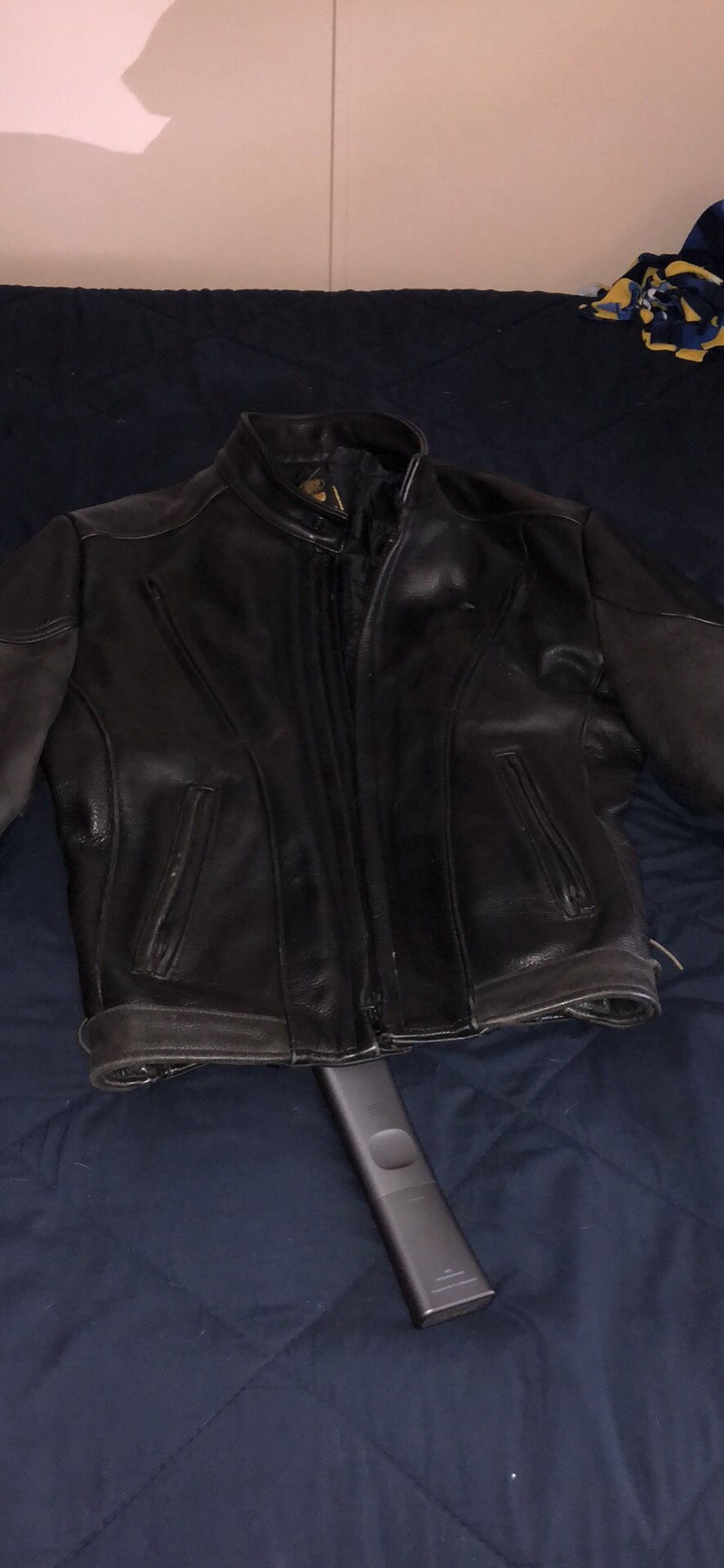 Black leather motorcycle jacket. Size 44