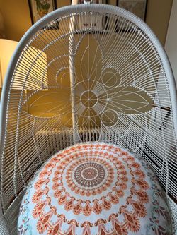 Boho White Resin Wicker Hanging nEgg Chair w/ Stand & Cushions. - OBO
