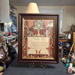 Vintage Framed Cristian Art Print Featuring Psalm 23-Stained Glass Style W/Central Cross, Decorative Filagree Dark Brown Wood Frame 17.5H x 14.5W