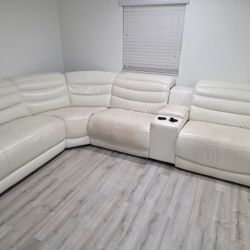 White Leather Power Reclining Sectional Couch 