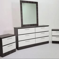 DRESSER WITH MIRROR AND TWO NIGHTSTANDS  