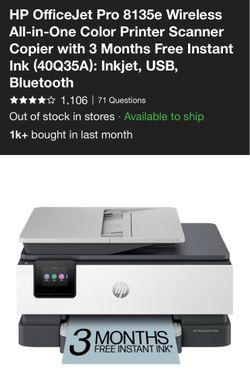 HP OfficeJet Pro 8135e Wireless All-in-One Color Inkjet, USB,
