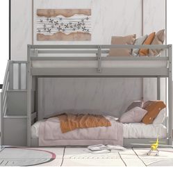 Twin Over Twin Floor Bunk Beds w/ Stairs, Low Bunk Beds w/ Storage Staircase,Solid Wood Stairway Bunk Bed Frame