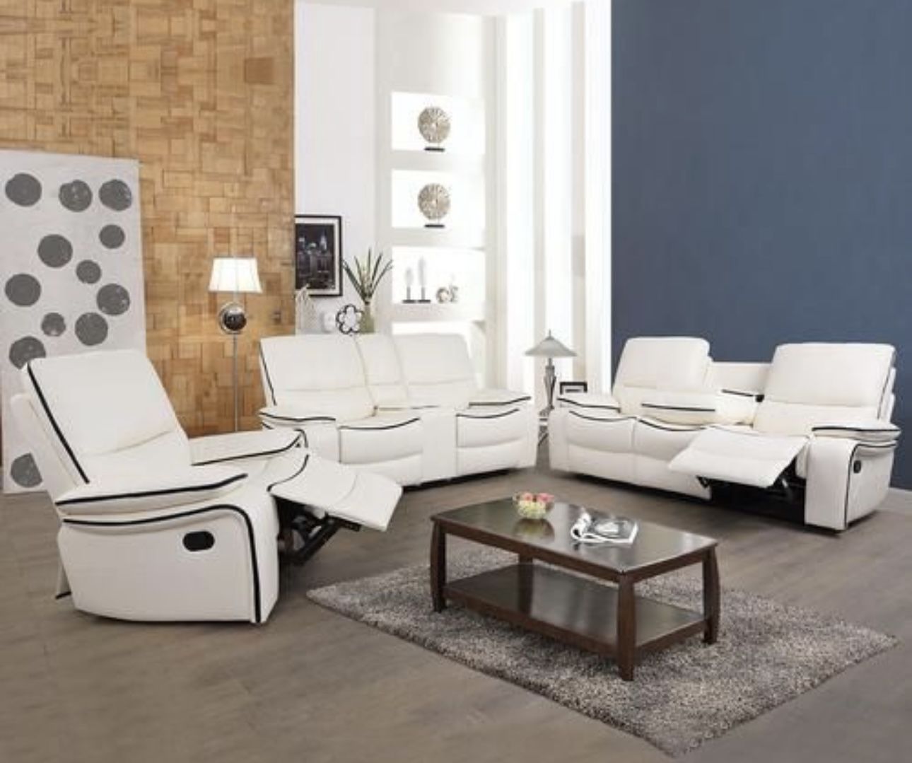 White Leather Fully Reclining Three Piece Couch Set