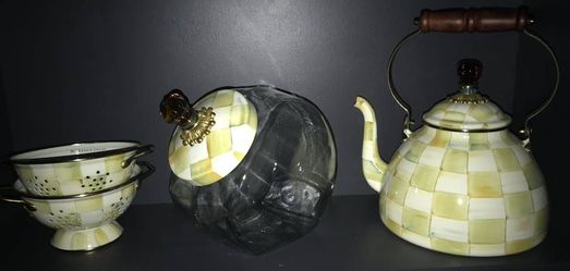 MacKenzie-Childs Tea Kettle & Glass Cookie Jar