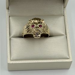 10KT YELLOW GOLD MENS LION DESIGN RING 5GR W/ RUBIES & DIAMOND SIZE 10