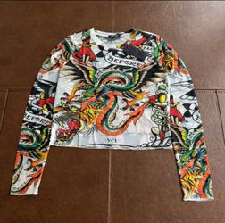 Ed Hardy Dragon Tiger Tattoo Poly Stretch Stone Top Size L New With Tag