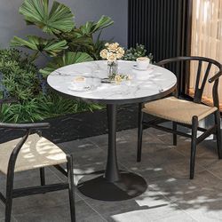 Kitchen Dining Table Coffee Table: Round 30 Inch Sintered Stone High Gloss White Tabletop Dinner Tables with Black Round Pedestal Base for Home Bar Sh