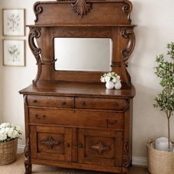 Antique Solid Oak Sideboard Buffet w/ Mirror – Carved Details 