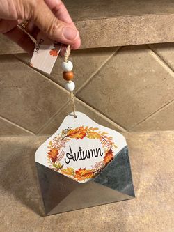 NEW Autumn Wooden & Metal Hanging Envelope Sign w/Wooden Beads