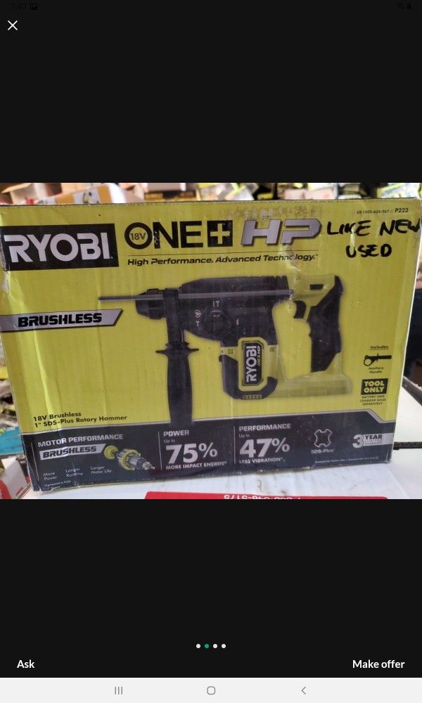 RYOBI 18V CORDLESS BRUSHLESS 1"IN SDS ROTARY HAMMER NEW TOOL ONLY