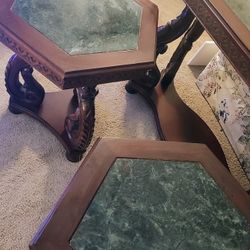 Italian Renaissance Revival Console and 2 Side Tables With Dark Green Marble Top Inserts