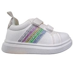 Toddler Girl Shoes with Hook and Loop Easy On Sneakers Glitter Rainbow Casual Shoes White