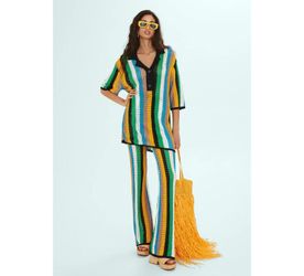 SIMON MILLER x MANGO Crochet Polo Shirt Pants Set Womens M Stripe Knit Oversized