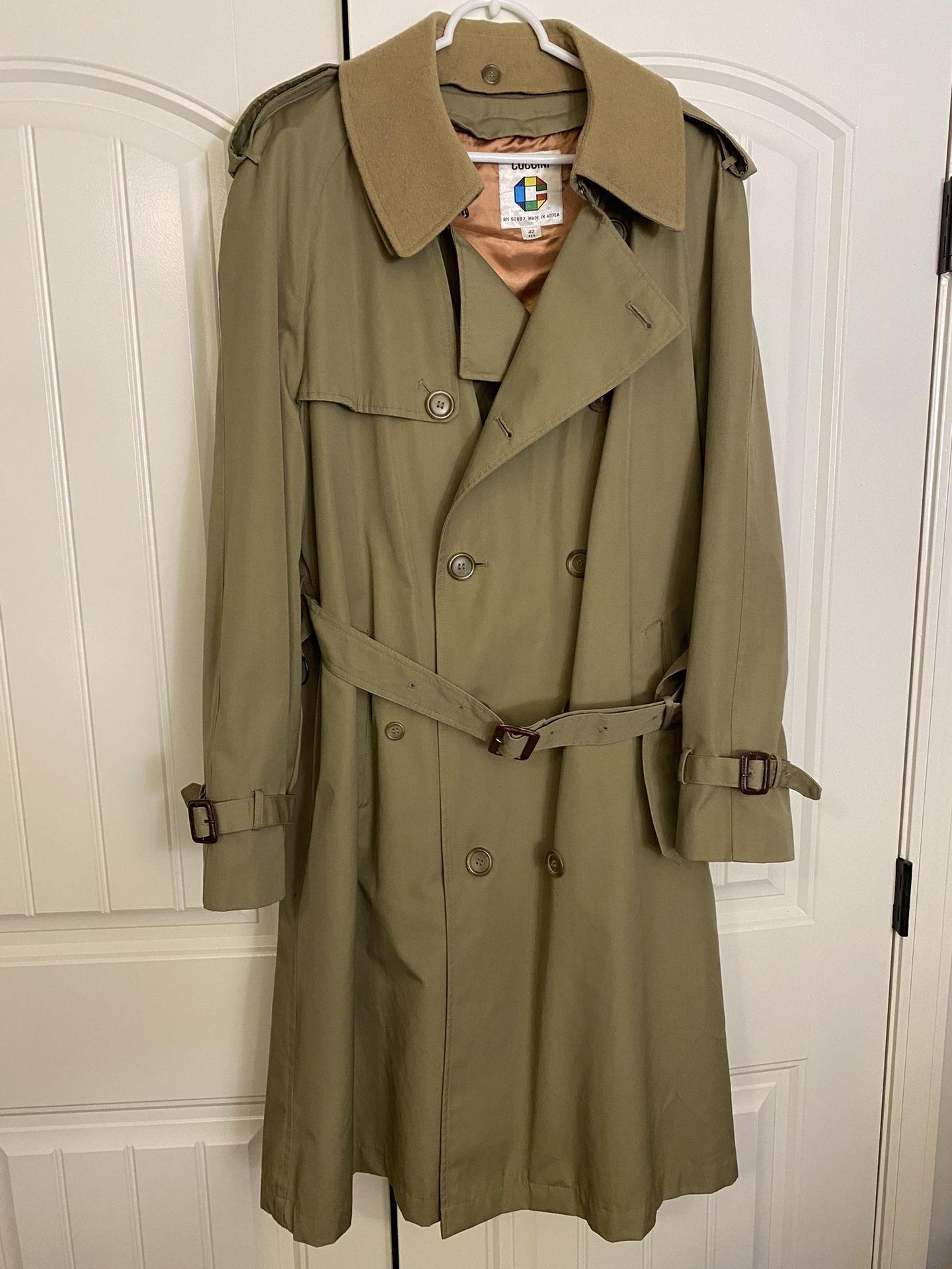 Vintage Cuccini Men’s Size 42 Reg (L) Belted Wool Blend Trench Coat; Khaki / Tan; Made in Korea