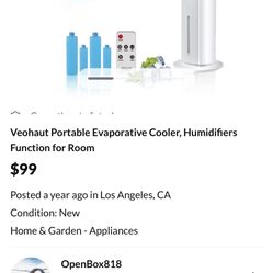 Veohaut Portable Evaporative Cooler, Humidifiers Function for Room $139.99 **** (5.0) 3