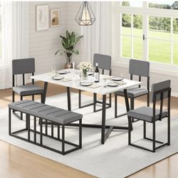 6-Piece Dining Table Set Marble Rectangular Table 4 chairs and bench