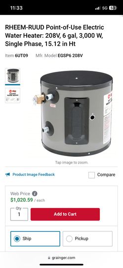 Rheem Rudd Electric Water Heater 6 Gallon