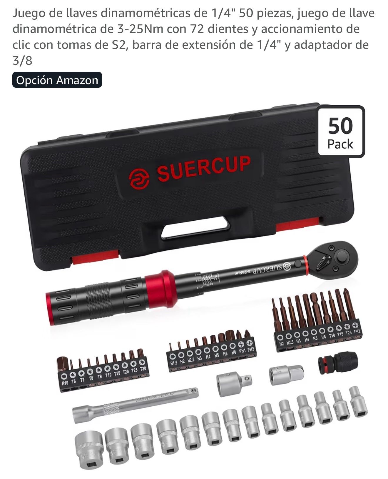 1/4" torque wrench set 50 pieces, 3-25Nm torque wrench set with 72 teeth and click drive with S2 sockets, 1/4" extension rod and 3/8 adapter