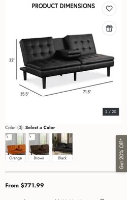 ((FREE DELIVERY)))Black Faux Leather Futon Sofa Bed with Cup Holders and usb connector