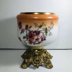 Antique Floral Oil Lamp - Glass And Brass