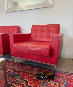 Two Red Leather Tufted Club Chair with Chrome Base