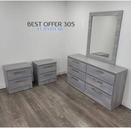 Dresser with Mirror and 2 Nightstands Cómoda con espejo y 2 Mesitas De Noche